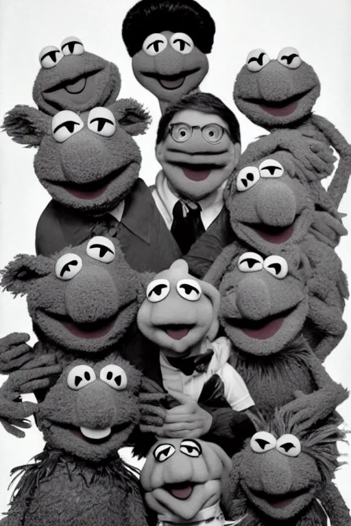 Prompt: muppet family photo, 1 9 6 0 s, olan mills studio, creepy, scary, laughing, color, grotty, ugly, terrified, brian froud