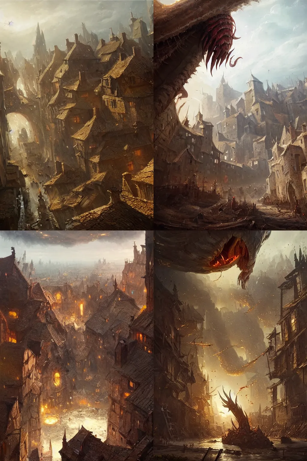 Prompt: epic painting by Greg Rutkowski of a giant worm destroying a medieval village, high quality, 4k, masterpiece