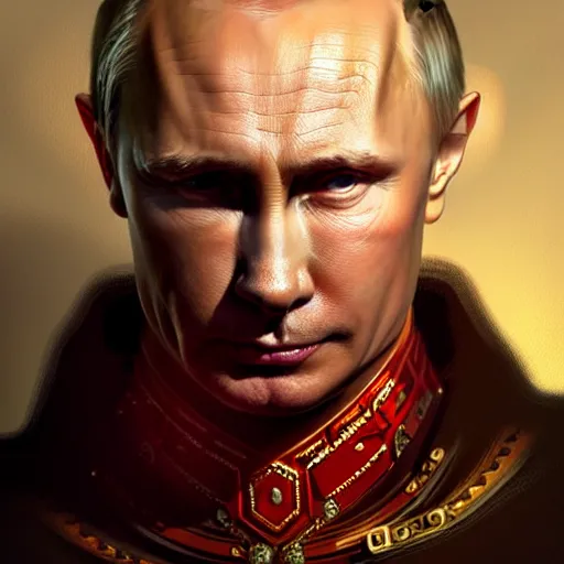 Image similar to Portrait of Putin, D&D, red eyes, face, fantasy, intricate, elegant, highly detailed, digital painting, artstation, concept art, smooth, sharp focus, illustration, art by artgerm and greg rutkowski and alphonse mucha