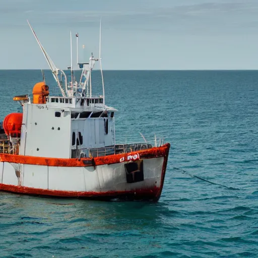 Image similar to realistic aerial drone shot of British fishing trawler