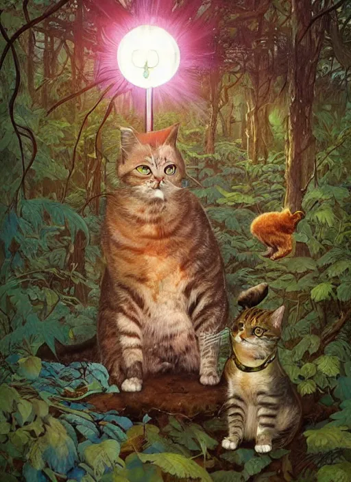 Image similar to a hyper realistic cat god with happy lighting and technology jewelry in the woods gorgeous lighting, sunbeams blue sky, lush forest foliage painting by chiara bautista and beksinski and norman rockwell and greg rutkowski weta studio, and lucasfilm