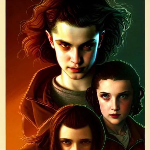 Image similar to Twilight version of Stranger Things, Portrait of Edward and Bella, diffuse lighting, fantasy, intricate, elegant, highly detailed, lifelike, photorealistic, digital painting, artstation, illustration, concept art, smooth, sharp focus, art by Krenz Cushart and Artem Demura and Alphonse Mucha