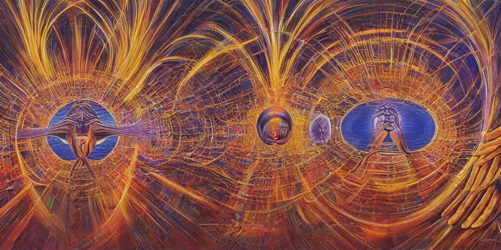 Image similar to could there be a realization of such magnitude that it quite literally blows one's mind?, center shock depicts such a moment of post - contemplative epiphany, volumetric lighting and shadows, concept art, biomechanical, realistic oil painting by alex grey