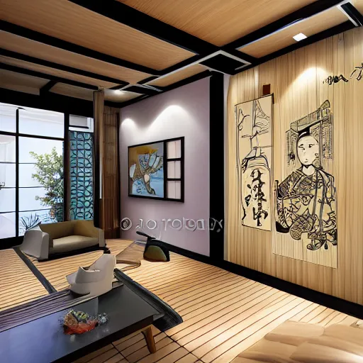 Image similar to modern futuristic interior home design, Japanese wooden house with many art drawings on the wall, photorealistic, ultra-detailed, 4k high resolution, HDR shot, cinematic lighting