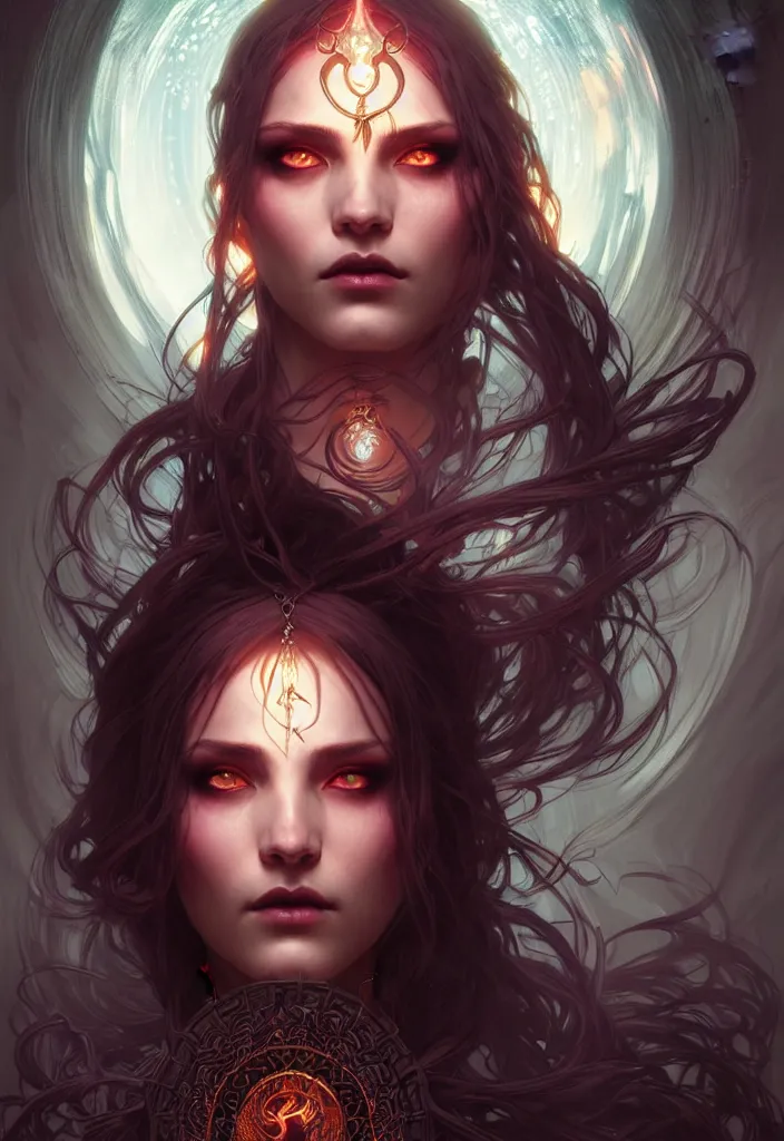 Image similar to Necromancer Sorceress face in center, fantasy magic, undercut hairstyle, dark light night, intricate, elegant, sharp focus, illustration, highly detailed, digital painting, concept art, matte, art by WLOP and Artgerm and Greg Rutkowski and Alphonse Mucha, masterpiece