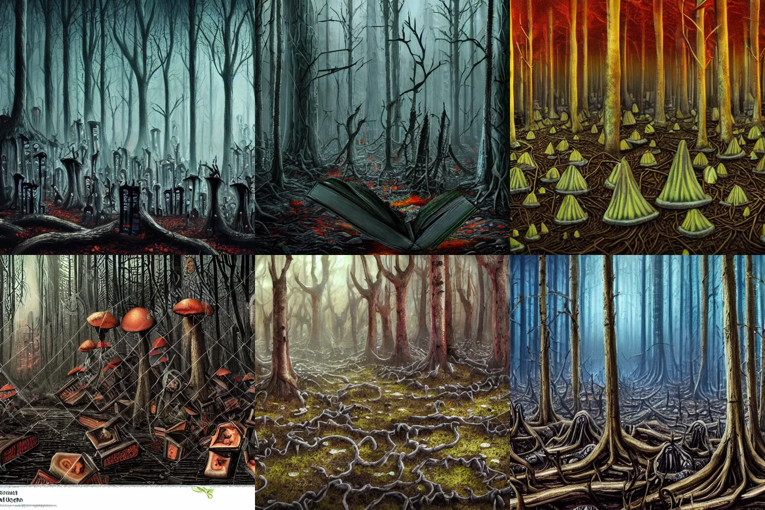 Prompt: a creepy forest of evil books moldering, decaying. dark toxic mushroom forest. vast stacks of demonic books. style of lovecraft. horror fantasy concept art. oil painting. colorful and high detail. photo realistic. 8 k.