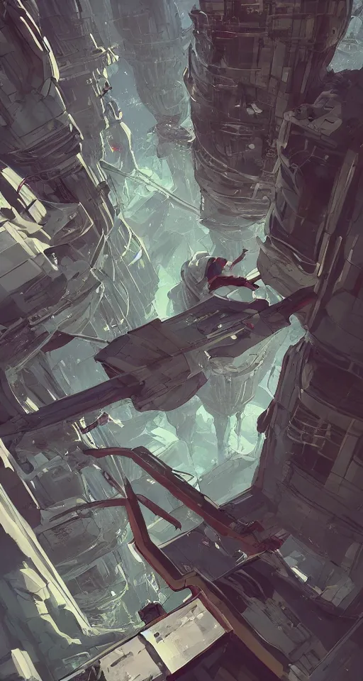 Image similar to A beautiful artwork illustration, level design, third person, a parkour course in a space ship, featured on artstation, wide angle, vertical orientation