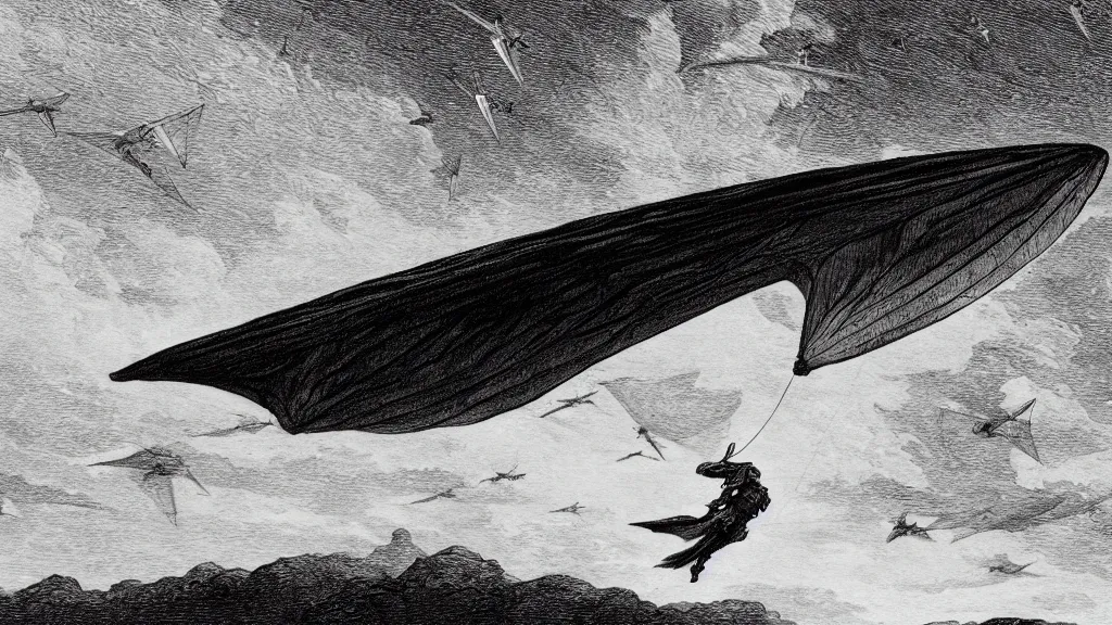 Image similar to drawing of an ornithopter flying toward a desert storm, by gustave dore, nineteenth century, black and white, vintage, science fiction, epic composition, dramatic lighting, highly detailed, cinematic, in the style of the movie dune