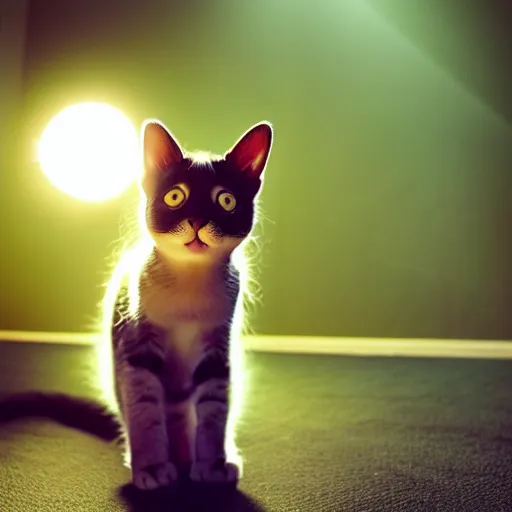 Image similar to cute cat with tiny undersized legs, big head, cinematic lighting, beautiful composition