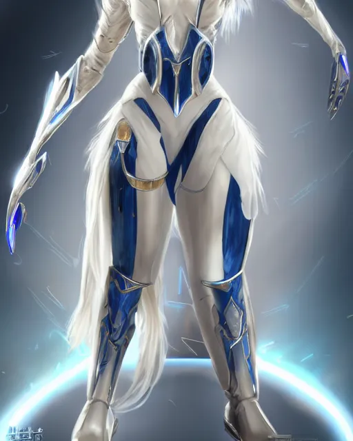 Image similar to perfect white haired attractive egyptian goddess, warframe armor, beautiful, symmetric, dreamy, half asian, pretty face, blue eyes, charlize theron, detailed, scifi platform, laboratory, experiment, 4 k, ultra realistic, epic lighting, android body, illuminated, cinematic, masterpiece, art by akihito tsukushi, voidstar