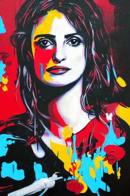 Image similar to graffiti, splash painting, portrait of penelope cruz, artwork by bansky