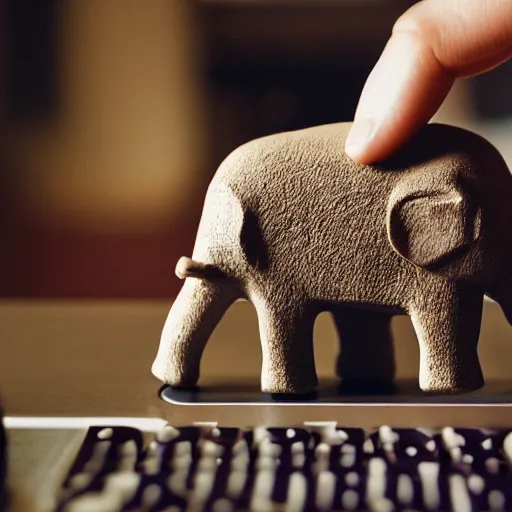 Image similar to 35mm macro photograph of a hand carved elephant wearing a suit working on a couch typing on a miniature computer keyboard