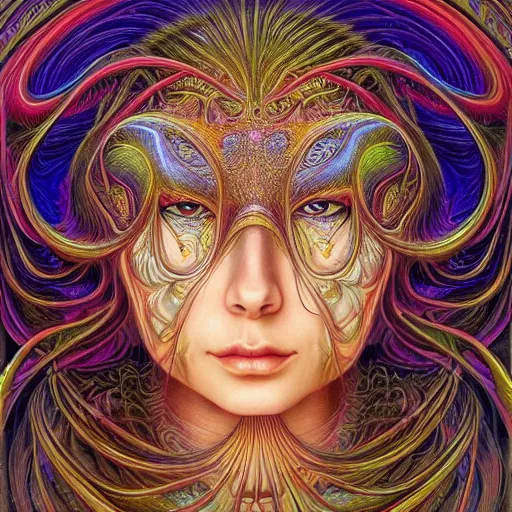 Prompt: perfectly centered portrait, front view of a beautiful biomechanical fractal goddess, female, flowing hair, intense stare, sweet smile, symmetrical, concept art, intricate detail, volumetric shadows and lighting, psychedelic colors, vibrant, realistic oil painting by gustave dore and alex grey,