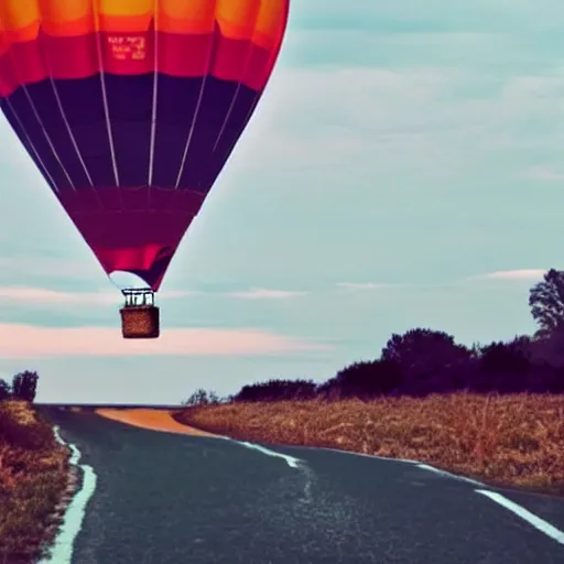 Image similar to a hot air balloon flying in the middle of the road, liminal space, uncanny, saturated, dynamic lightning