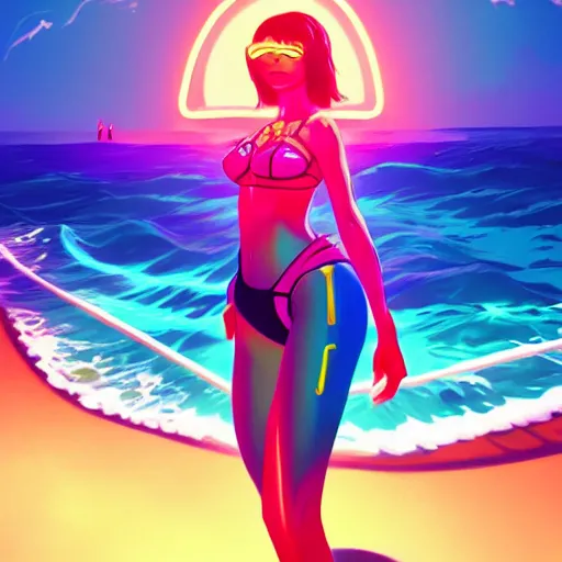 Image similar to neon bikini woman in the ocean | hyperrealistic digital painting by makoto shinkai, ilya kuvshinov, lois van baarle, rossdraws | afrofuturism in the style of hearthstone and overwatch, trending on artstation