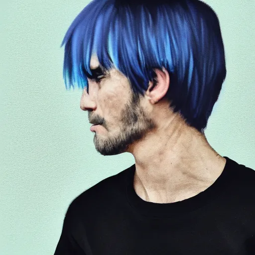 Prompt: a man with blue hair and a black shirt, a pastel by Mikoláš Aleš, unsplash, photorealism, 8k, hd, high quality photo