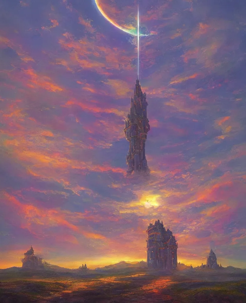 Prompt: “ a landscape painting in the style of noriyoshi ohrai of a holy tower, it is a glowing fortress and has iridescent mana radiating from it into the aether. it is centered. the background is the sky at dawn. retrofuturistic fantasy ”