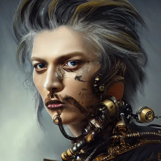 Image similar to portrait, headshot, insanely nice professional hair style, dramatic hair color, digital painting, of a old 17th century, old cyborg merchant, amber jewels, baroque, ornate clothing, scifi, realistic, hyperdetailed, chiaroscuro, concept art, art by Franz Hals and Jon Foster and Ayami Kojima and Amano and Karol Bak,