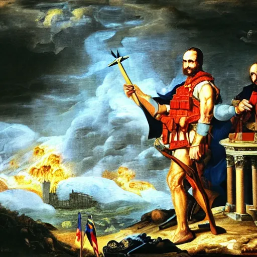Image similar to George H.W. Bush destroys Iraq, oil on canvas, 1642