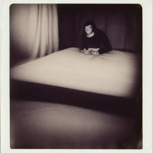 Prompt: Polaroid photography of a pale smiling face floating ominously at the end of a bed