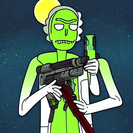 Image similar to portrait of alien rick holding a cybernetic rifle, rick and morty forever and forever a hundred years! g