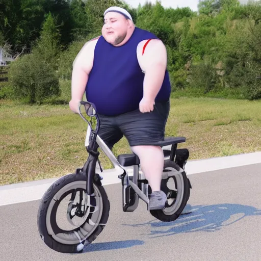 Image similar to a very fat man riding a tiny bicycle 8k real