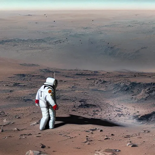Prompt: elton john in a space suit on mars looking at the destruction of earth, craig mullins
