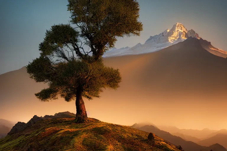 Prompt: landscape photography by marc adamus, mountaiins, a dramatic lighting, mountains, a tree in the foreground