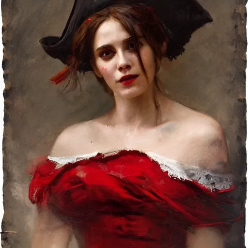 Image similar to Solomon Joseph Solomon and Richard Schmid and Jeremy Lipking victorian genre painting portrait painting of a happy young beautiful woman traditional german french actress model pirate wench in fantasy costume, red background