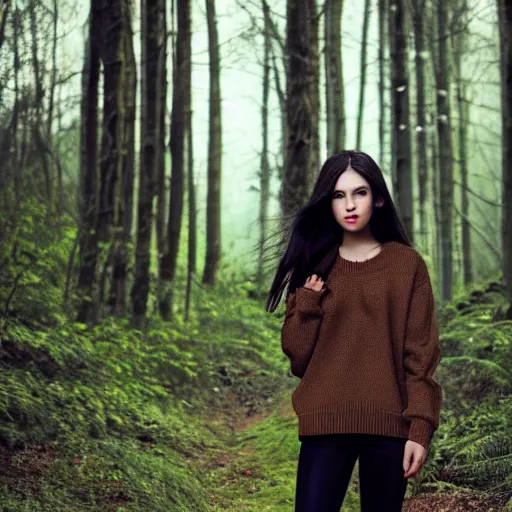 Image similar to real life photo of a beautiful girl, full body photo shoot, long black hair, brown eyes, full round face, short smile, brown sweater, forest setting, cinematic lightning, medium shot, mid - shot, highly detailed, trending on artstation, unreal engine 4 k, 8 0 mm, 8 5 mm, cinematic wallpaper