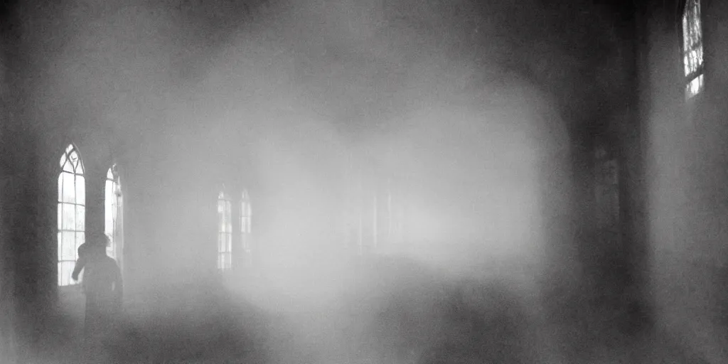 Prompt: photo 60s, in the corridors of a misty church an apparition of a ghost