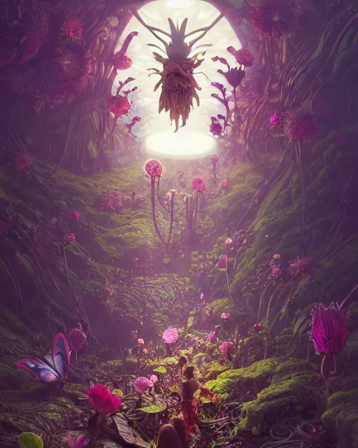 Image similar to the platonic ideal of flowers, sprouting, insects and praying of cletus kasady carnage davinci mandelbulb ponyo alice in wonderland dinotopia watership down, d & d, fantasy, ego death, mdma, dmt, psilocybin, concept art by greg rutkowski and simon stalenhag and alphonse mucha