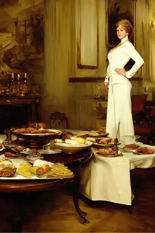 Image similar to portrait of a respectable dignified royal business elite politician standing on top of a finely set table calmly stepping in the food art by anders zorn, wonderful masterpiece by greg rutkowski, beautiful cinematic light, american romanticism by greg manchess, jessica rossier