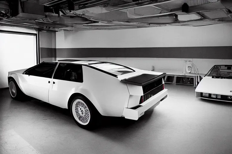 Prompt: 1984 wedge shaped sports car, BMW M1 Lincoln Continental, inside of a minimalist Tokyo garage, ektachrome photograph, volumetric lighting, f8 aperture, cinematic Eastman 5384 film