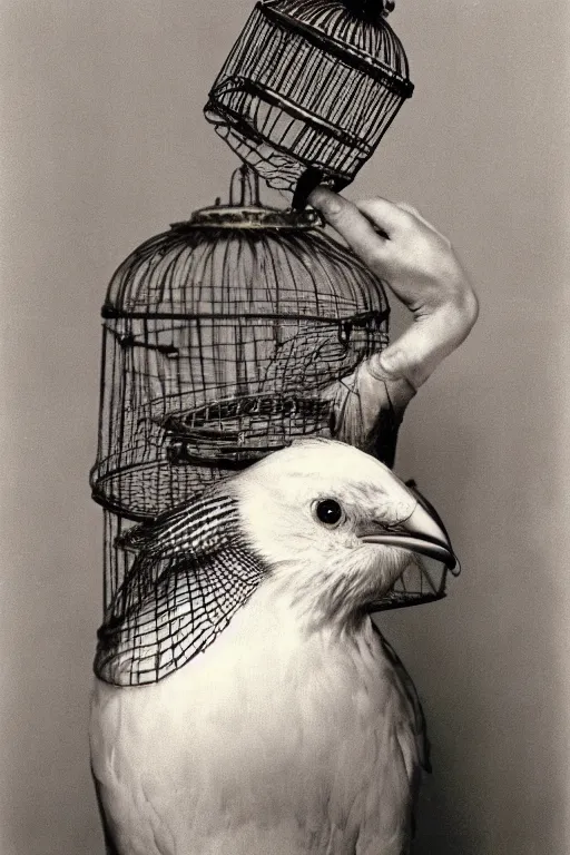 Prompt: ultra realistic vintage photo portrait of a man with a birdcage through his body, by Irving Penn, a birdcage instead of the chest