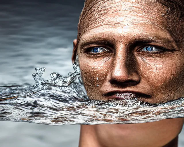 Image similar to water art manipulation of a realistic human head with open eyes burried in the ground, surreal, hyper realistic, ray tracing, realistic water, sharp focus, 8 k resolution, cinematic