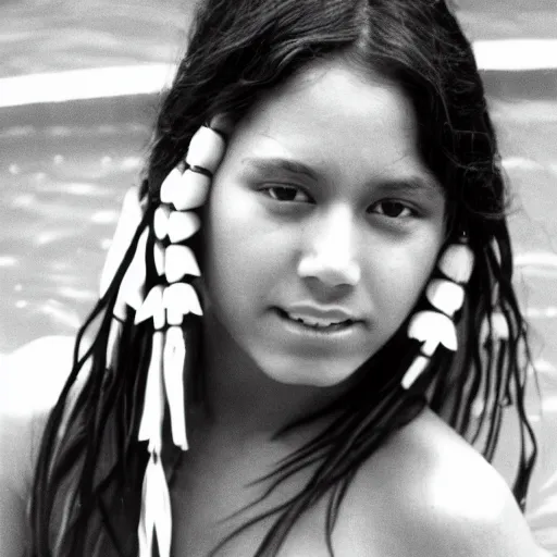 Image similar to clear photo of a beautifu and youngl female native american singer with long dark hair in a pool taken in 1 9 7 6, black and white photography, high quality, 7 0 s style photography, pool