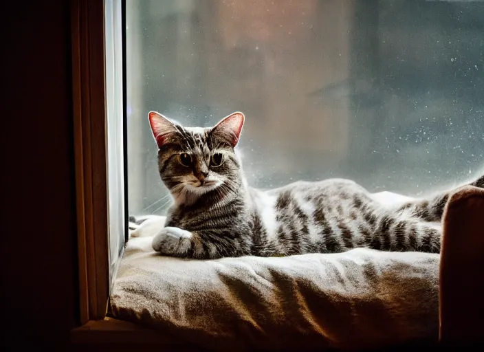 Image similar to photography of a Cat . watching outside the window. on a bed. in a 70's room full of vinyls and posters, photorealistic, award winning photo, 100mm, sharp, high res