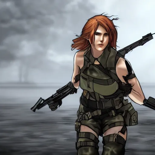 Image similar to quiet from metal gear solid, walking through a river, intrigued, sun flairs,