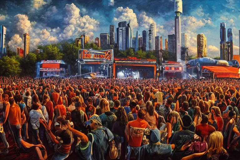 Image similar to 4 k hyper realistic oil painting of 1 9 8 0 s city at a music festival, huge stage and a big speaker array in the sky booming heavy metal music, a band of heavy metal playing on stage, detailed painting in the style of axel aabrink