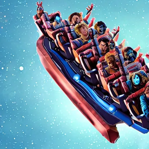 Prompt: the guardians of the galaxy riding a roller coaster