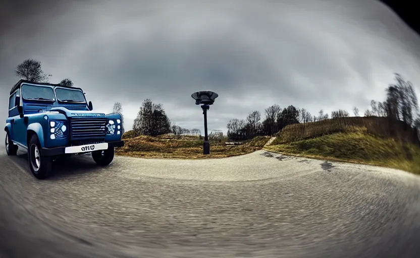 Image similar to “Blue Land Rover Defender driving fast in Porvoo city. Motion blur, high detail, zoomed in, fish eye lense. Artstation. Cinematic lighting.”