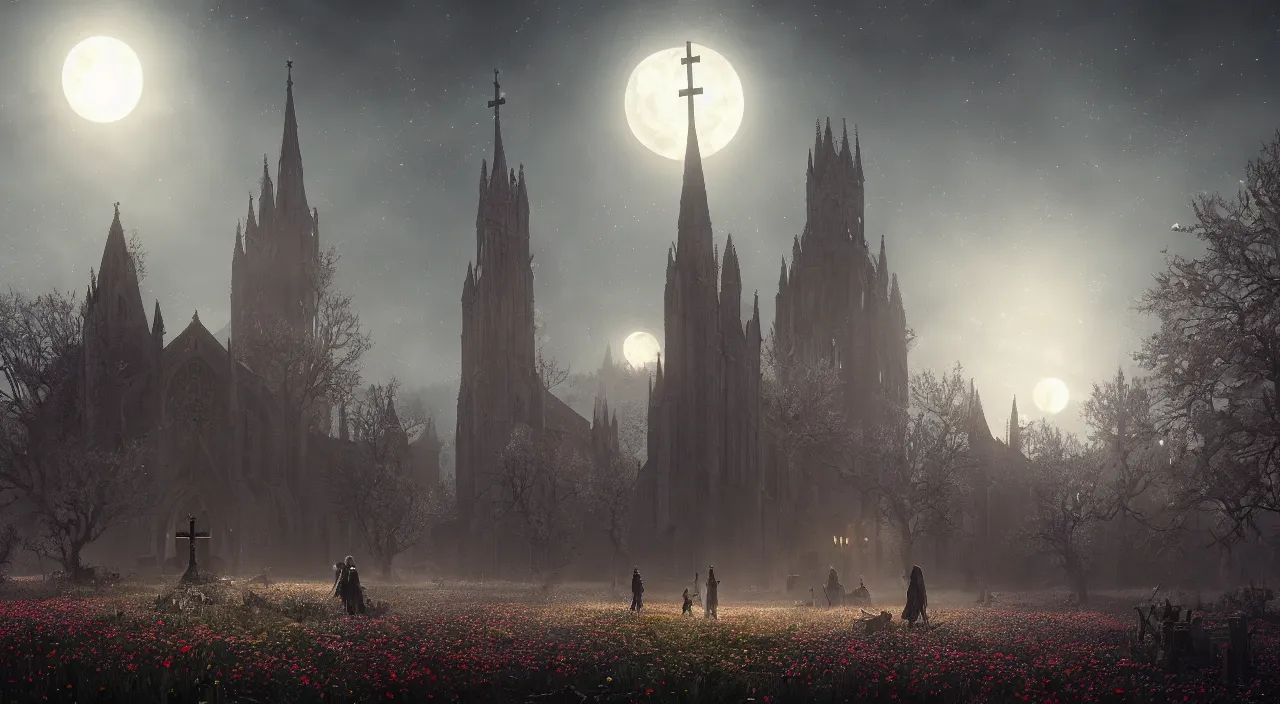 Image similar to A church in a field of flowers, with moonlight shining on the earth.highly realistic, hyper detailed,cinematic,4k,digital art,unreal engine 5,Bloodborne,by Greg Rutkowski and gustav doré