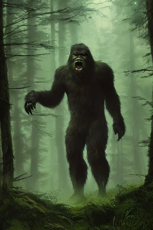 Prompt: highly detailed painting of a sasquatch with bright green eyes in a dark forest, cinematic lighting, dramatic atmosphere, by dustin nguyen, akihiko yoshida, greg tocchini, greg rutkowski, cliff chiang, 4 k resolution, luminous grassy background