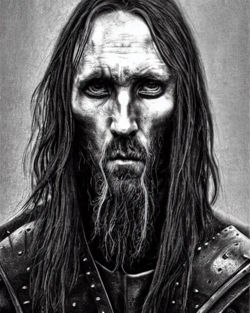 Image similar to realistic HD high detail portrait of !Kristian Elvind Espedal! aka !Gaahl! portrayed as a fearsome High Medieval High Fantasy blackguard. face and body. clad in black steel plate armour. wielding a two-handed battle-axe.