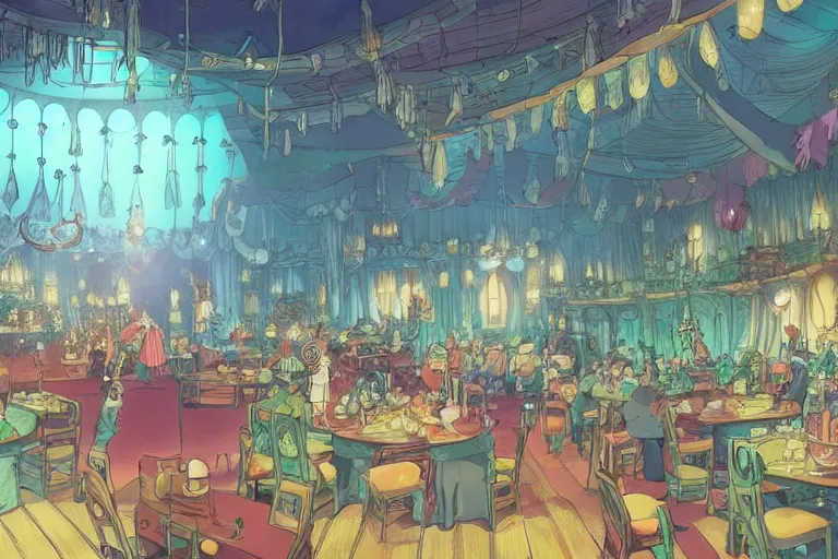 Prompt: interior wide angle shot of a fantasy cabaret in the style of studio ghibli, makoto shinkai