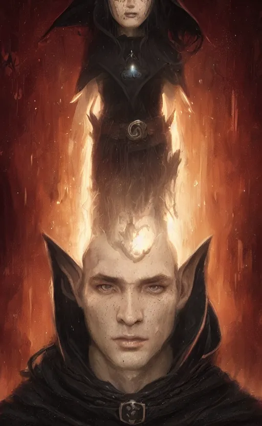 Prompt: Portrait of an elf in a black cloak, black hair, glowing eyes, male, detailed face, fantasy, highly detailed, cinematic lighting, digital art painting by greg rutkowski