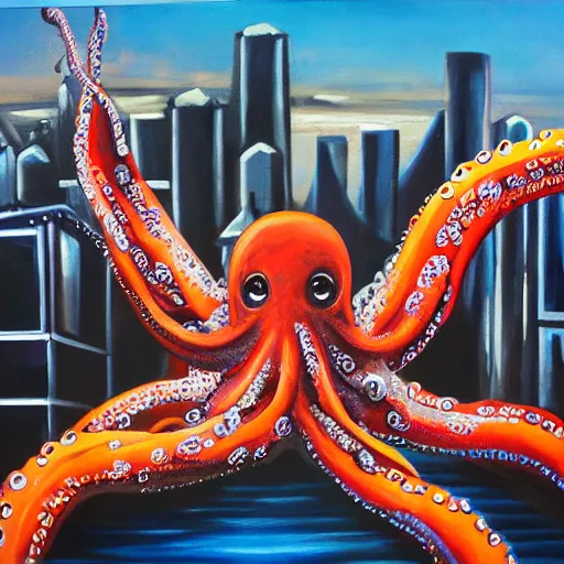 Image similar to oil painting of giant octopus ravaging metropolis