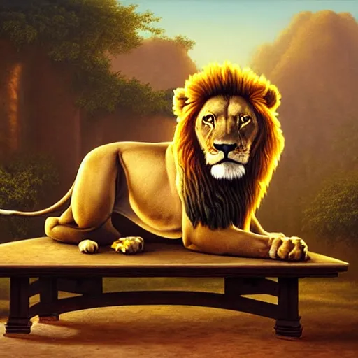 Image similar to a lion sitting an antique table, a detailed matte painting by vladimir kush, cgsociety, furry art, airbrush art, detailed painting, matte painting