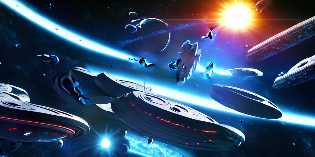 Image similar to futuristic star trek space battle hyperdetailed, main focus on the enterpise from star trek, artstation, cgsociety, in the style star trek 8 k